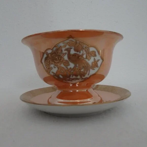 Noritake Orange Lusterware Mayo Condiment Footed Bowl Underplate Peasant Bird - Picture 11 of 11